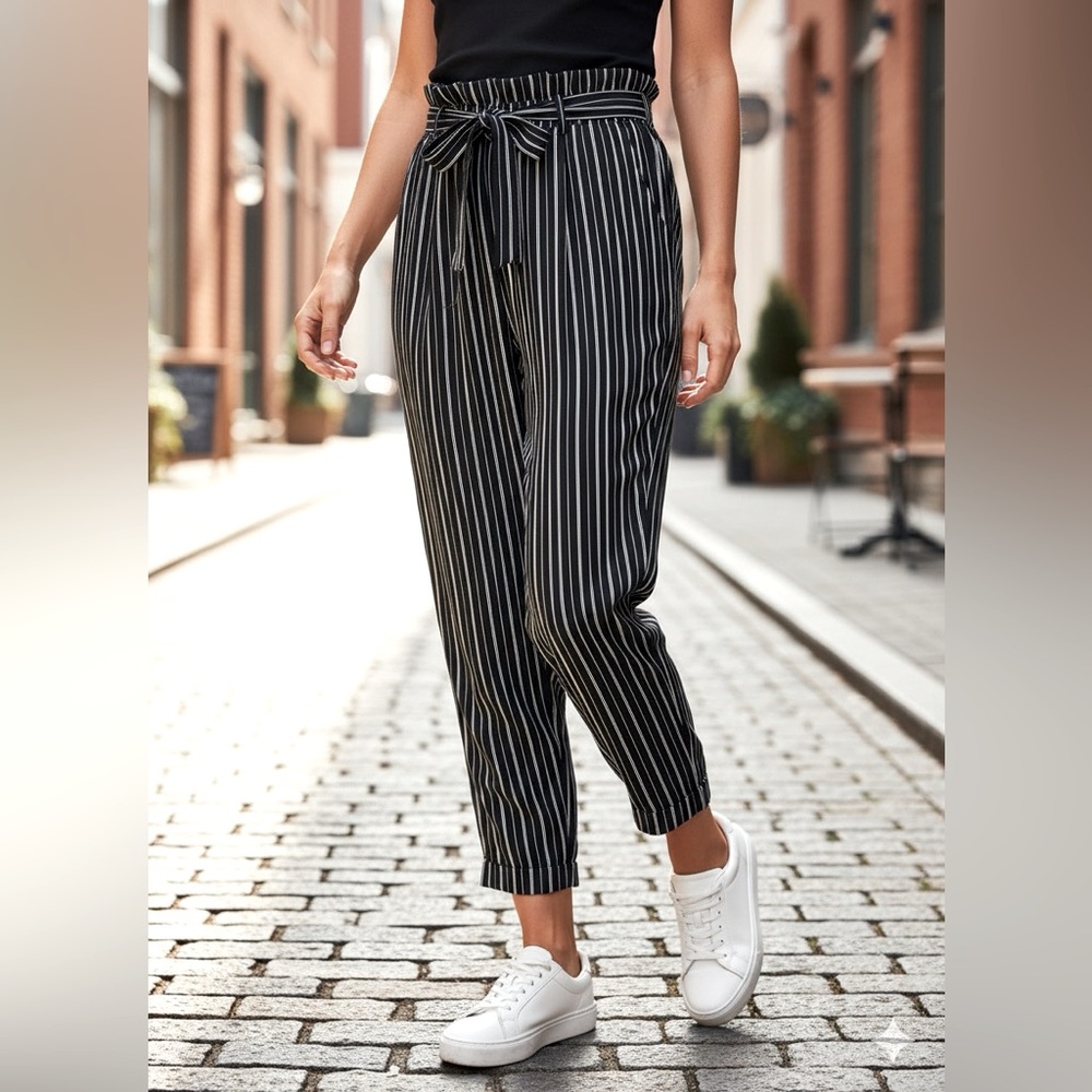 Black and White Striped Pants with Tie Waist